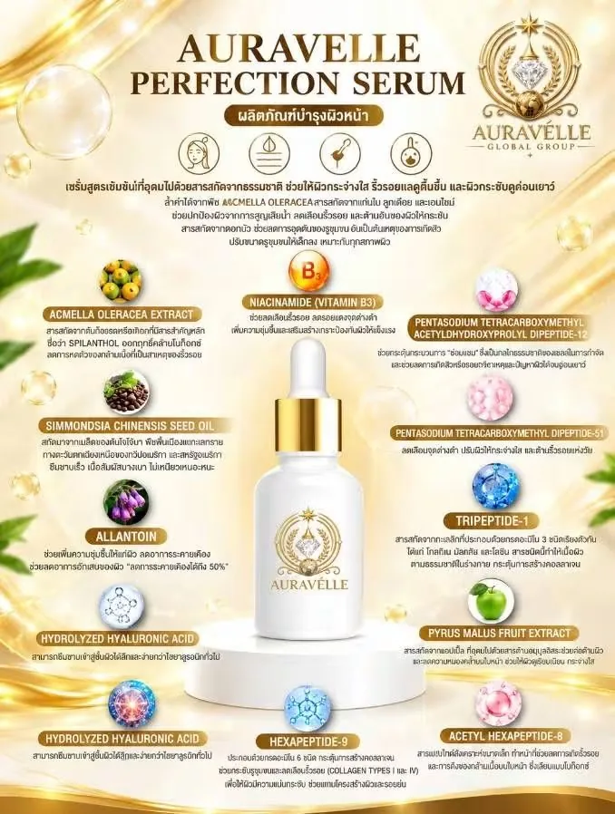 AURAVÉLLE Perfection Serum bottle with its key ingredients
