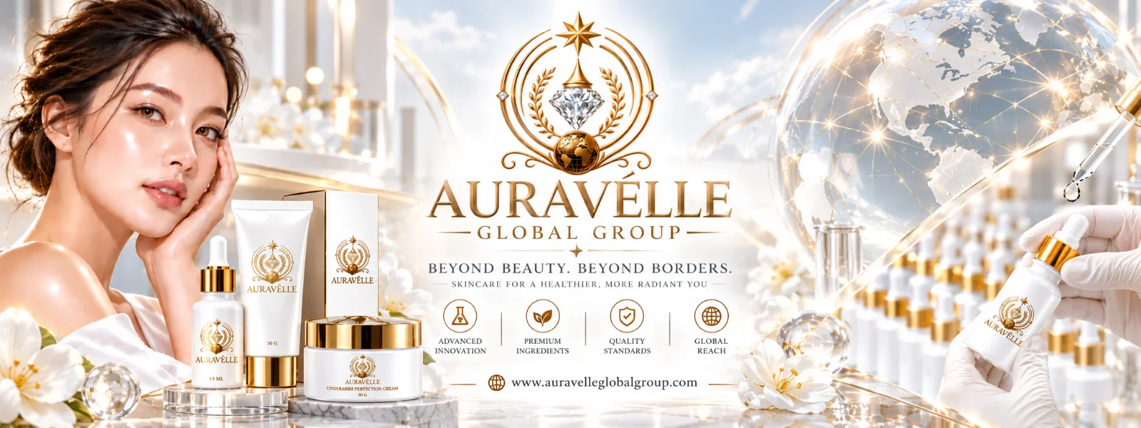 AURAVÉLLE exhibition booth with Perfection Serum displays and the brand team
